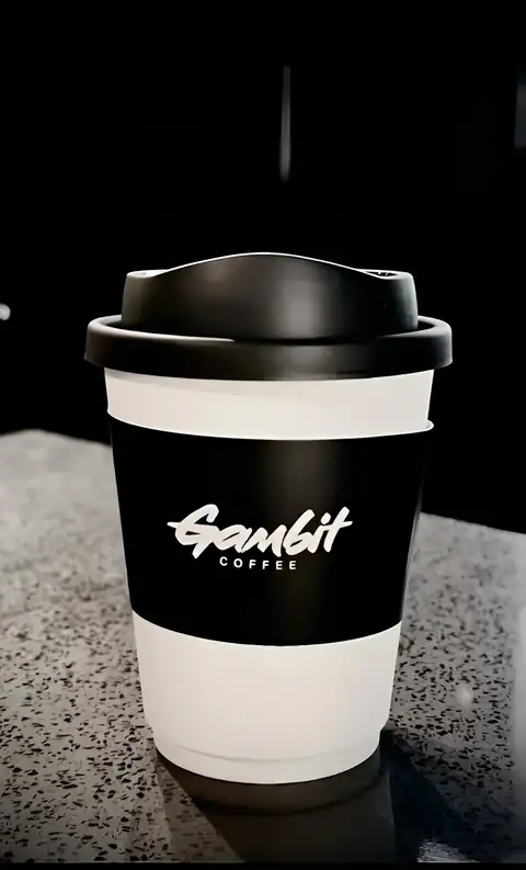 A Gambit Coffee paper cup with a black sleeve on a terrazzo counter